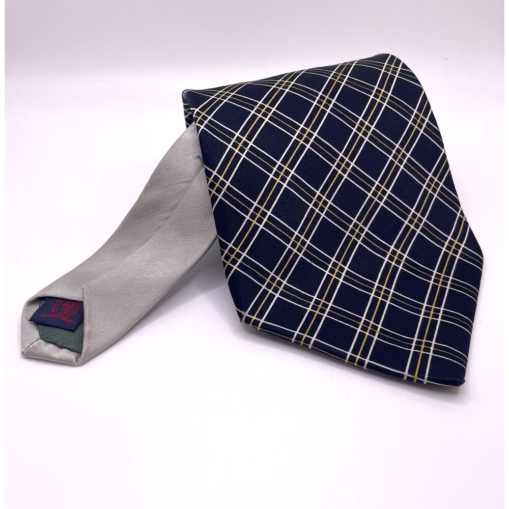 Tommy Hilfiger Men's Neck Tie Navy Yellow White Stripes Classic Preppy 100% Silk